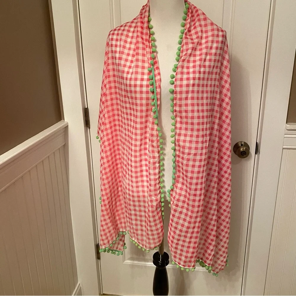 VINEYARD VINES SCARF PINK WHITE GINGHAM CHECK GREEN POM POMS LONG RECTANGLE WRAP